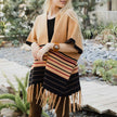 Women’s Striped Knit Poncho with Fringe Hem – Brown & Black Pattern
