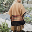 Women’s Striped Knit Poncho with Fringe Hem – Brown & Black Pattern