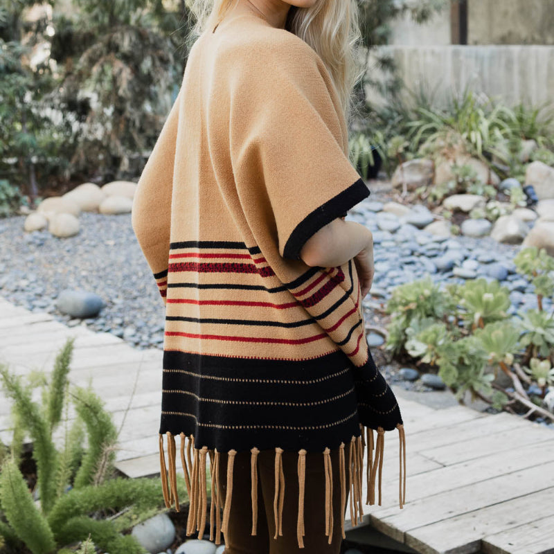 Women’s Striped Knit Poncho with Fringe Hem – Brown & Black Pattern