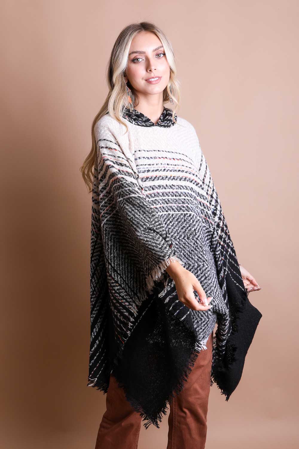 Cozy Herringbone Hooded Poncho