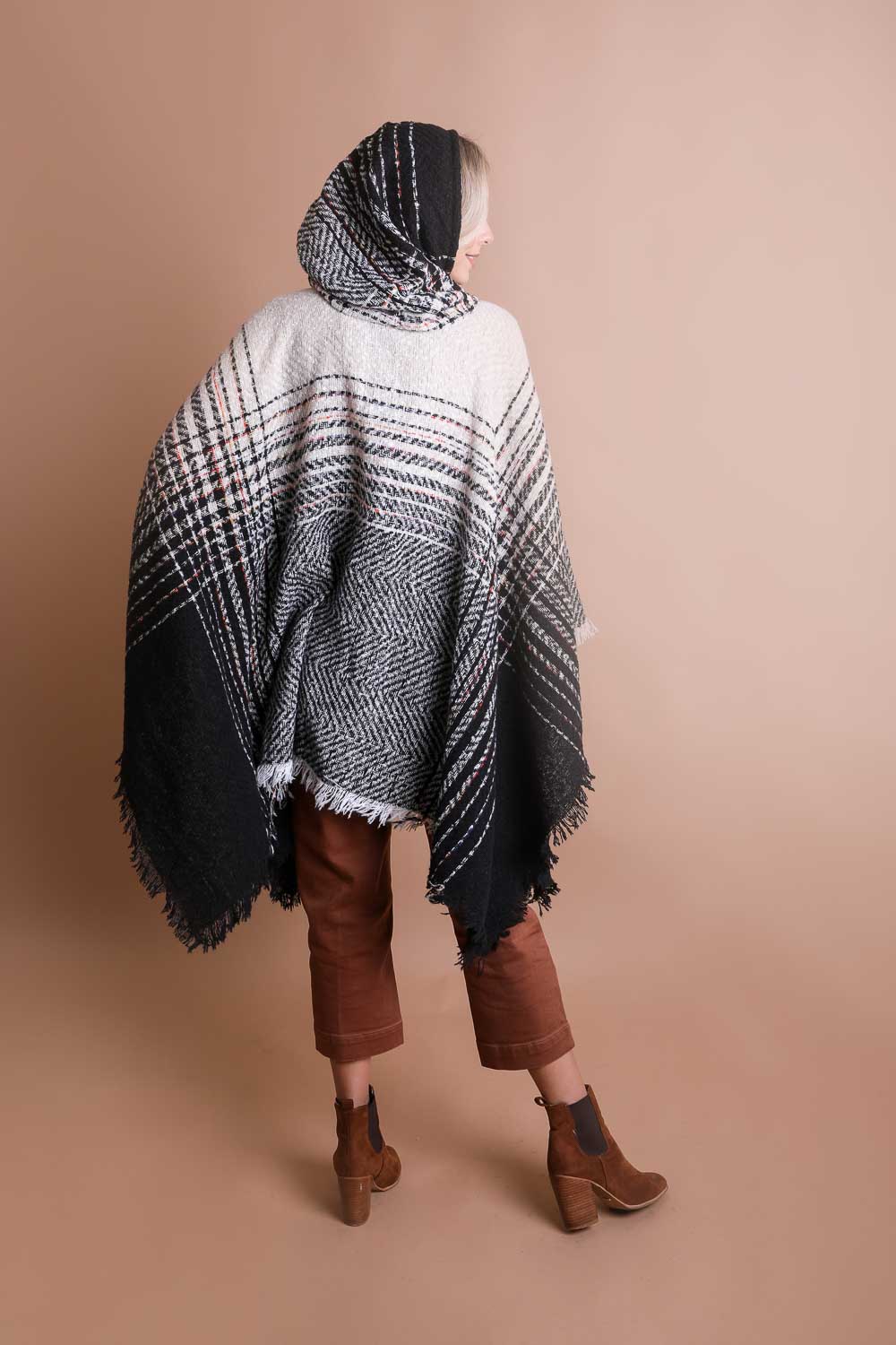 Cozy Herringbone Hooded Poncho