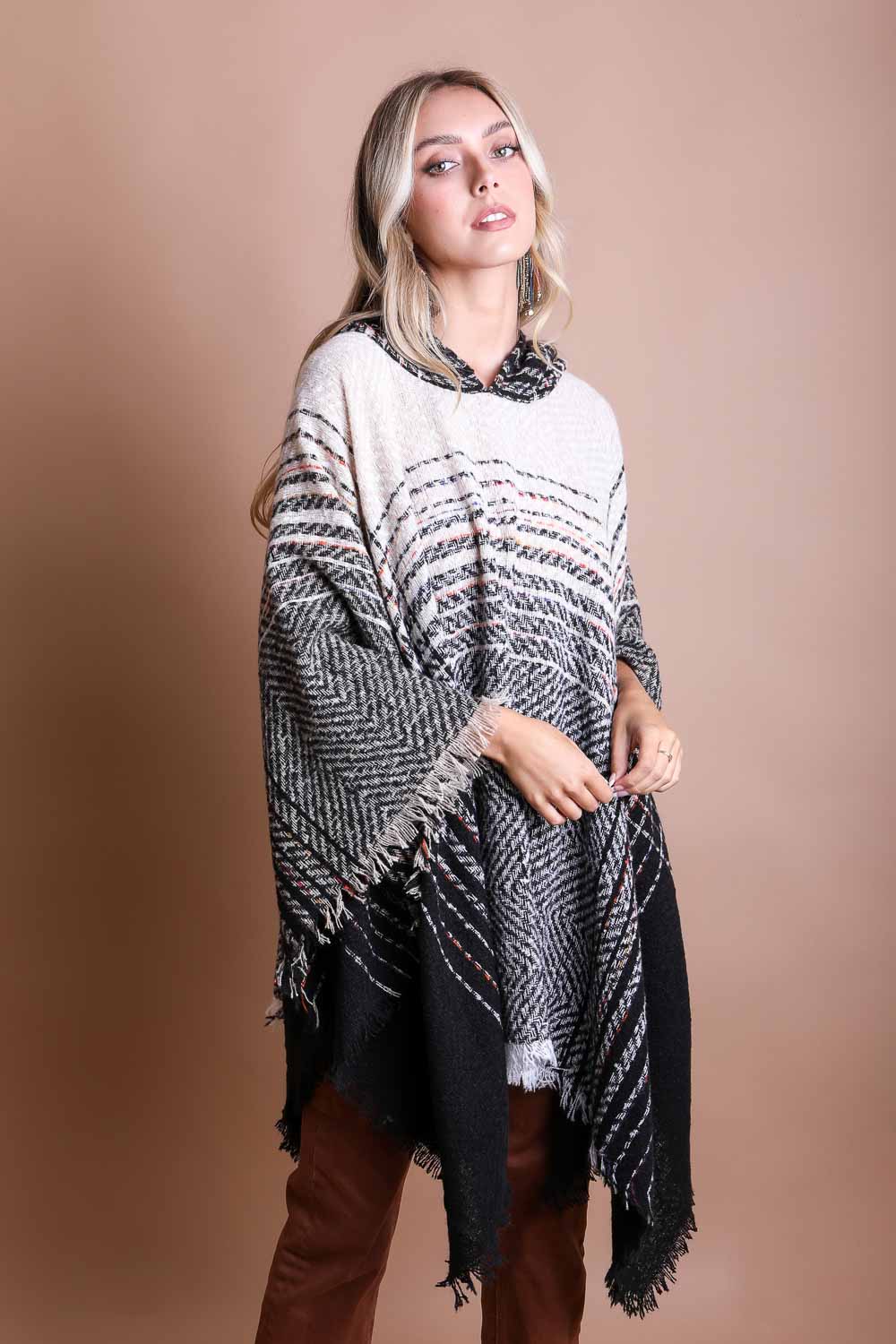 Cozy Herringbone Hooded Poncho