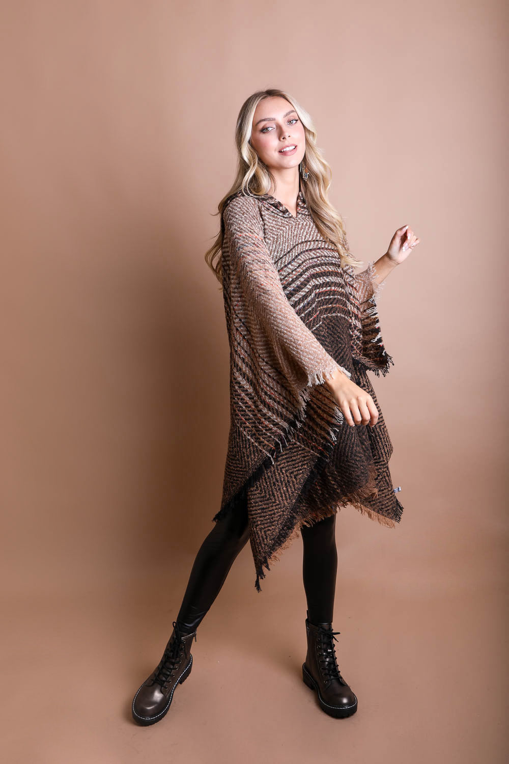 Cozy Herringbone Hooded Poncho