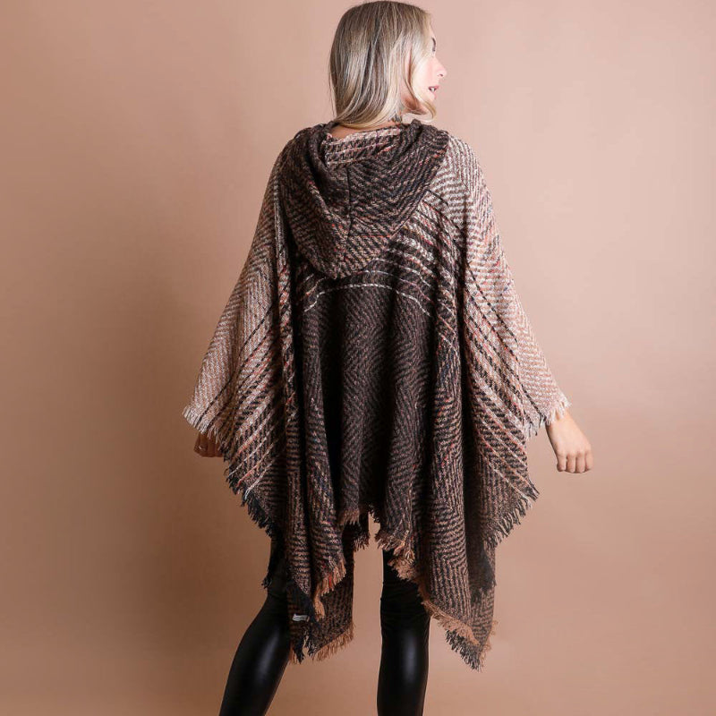 Cozy Herringbone Hooded Poncho