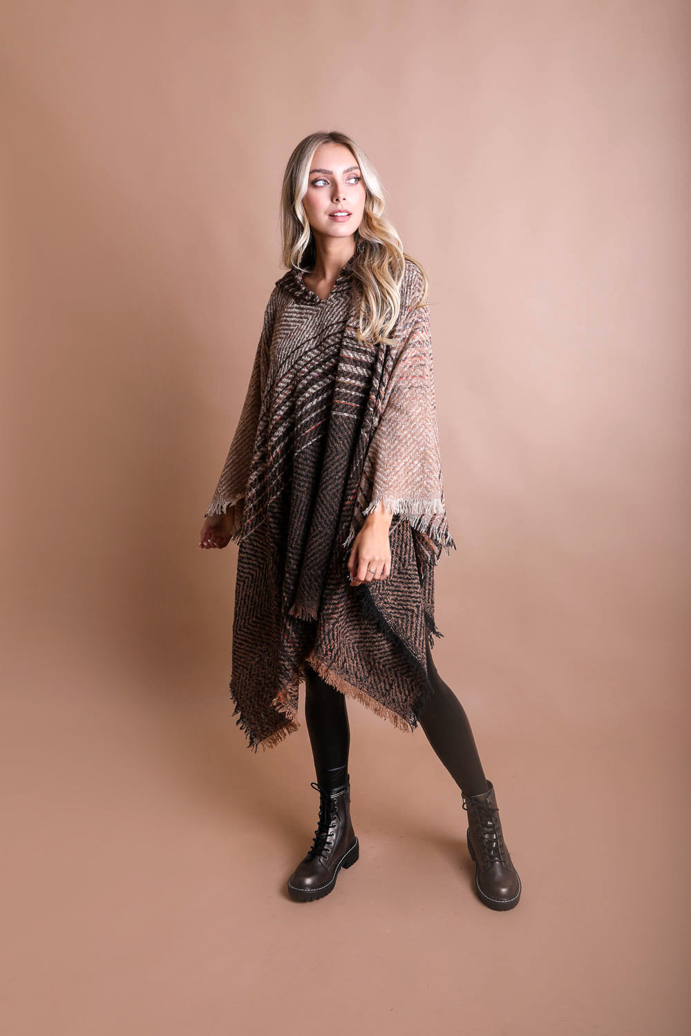 Cozy Herringbone Hooded Poncho