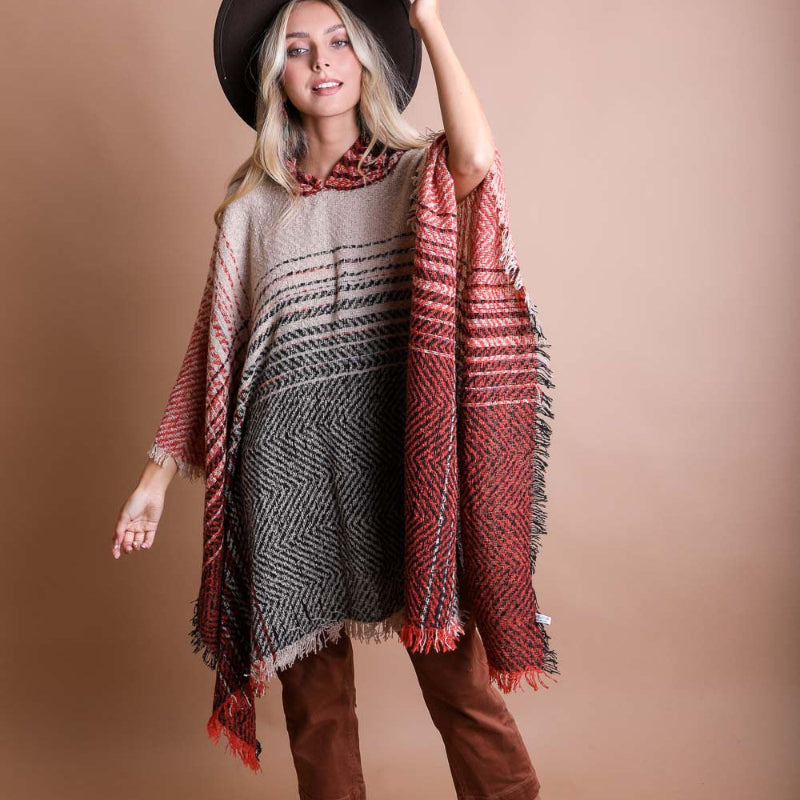 Cozy Herringbone Hooded Poncho