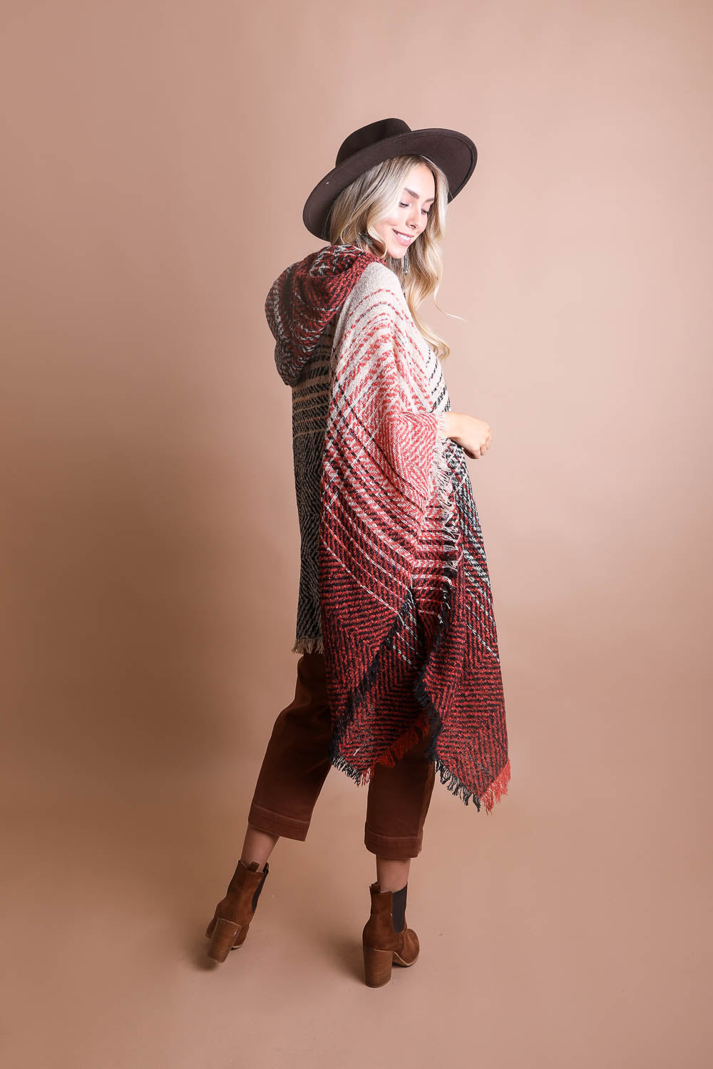 Cozy Herringbone Hooded Poncho