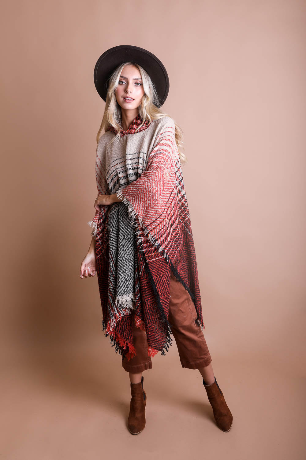 Cozy Herringbone Hooded Poncho