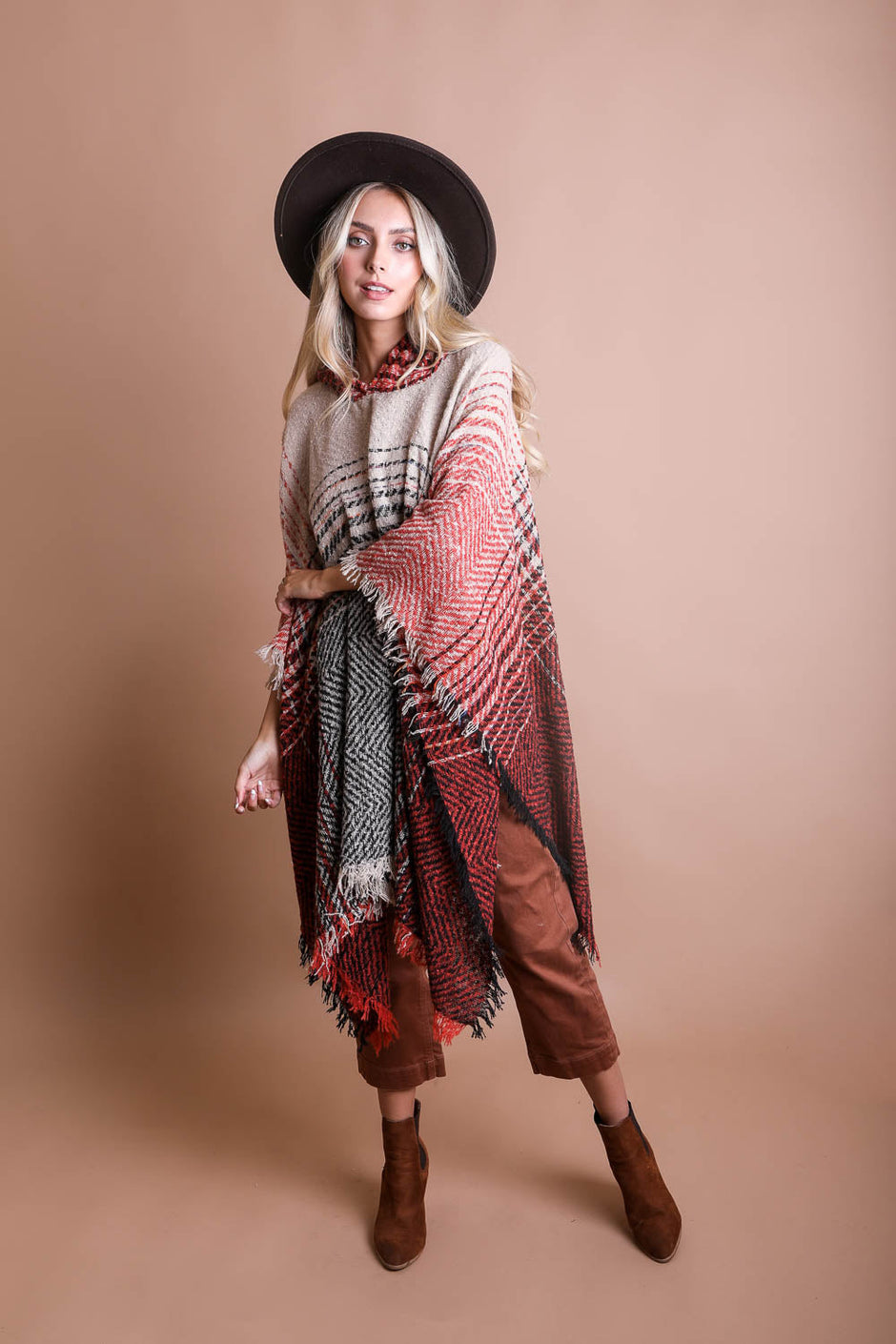 Cozy Herringbone Hooded Poncho