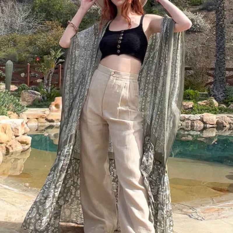 Women Printed Long Kimono Cardigan Sheer Cover Up