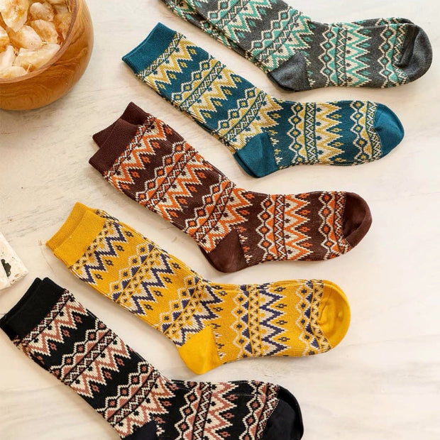 Patterned Crew Socks Set with Geometric Knit Design