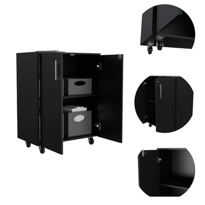 Storage Cabinet, Double Door and Casters, Black Wengue Finish