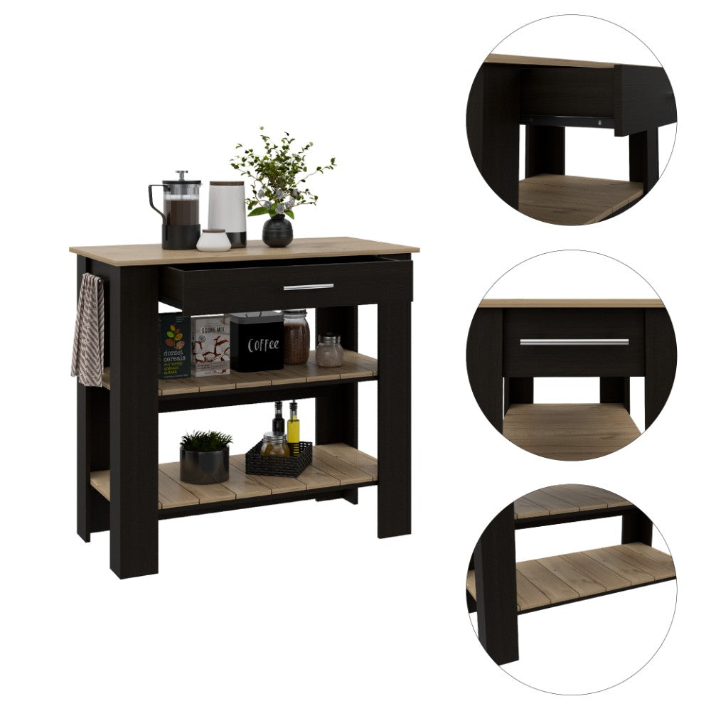 Kitchen Island 40 Inches Dozza, Two Shelves, Black Wengue / Light Oak