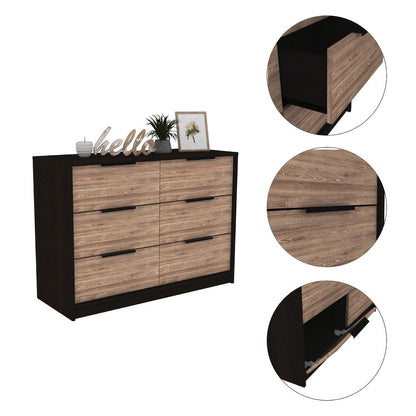 4 Drawer Double Dresser Metal Handle, Black Wengue / Pine Finish.