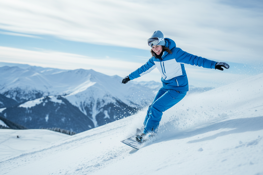A suddle blue image of a beanie with a happy woman wearing it snowboarding