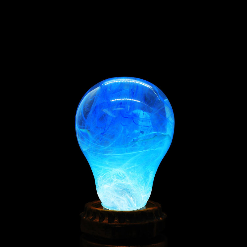 Blue Swirl Glass Decorative Light Bulb with Wooden and Metal Base