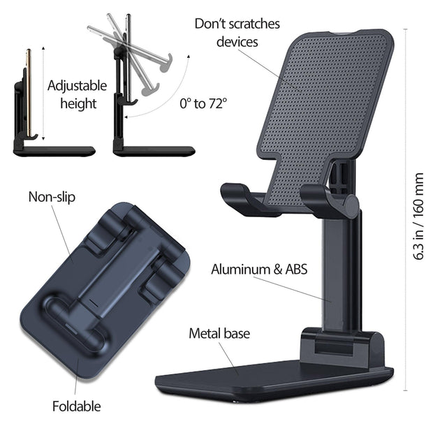 Soportes de escritorio universales ajustables para tabletas y teléfonos.