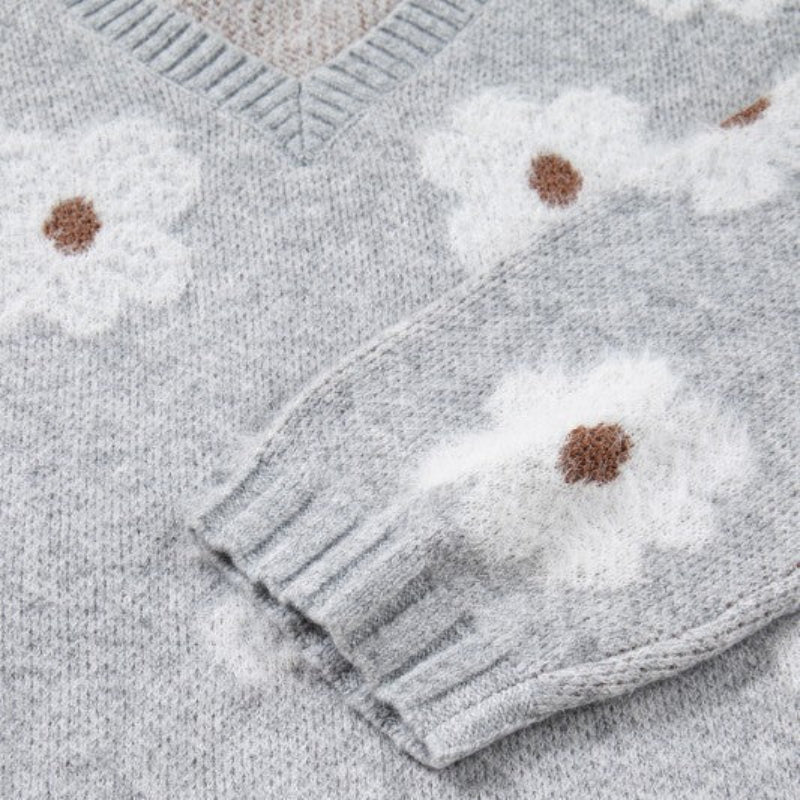 Grey Floral Knit Crewneck Sweater