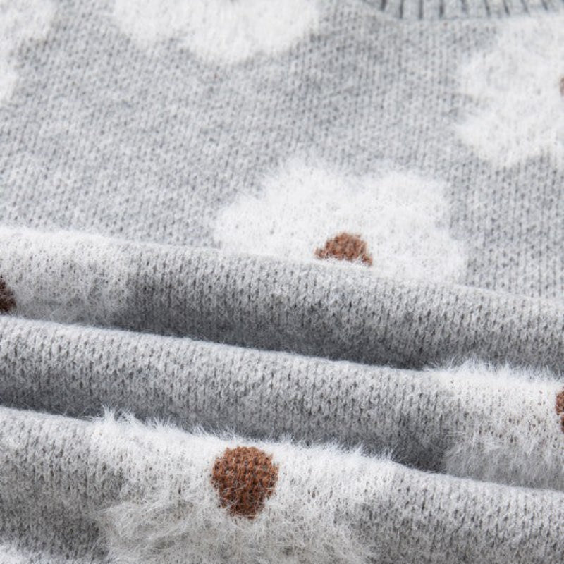 Grey Floral Knit Crewneck Sweater