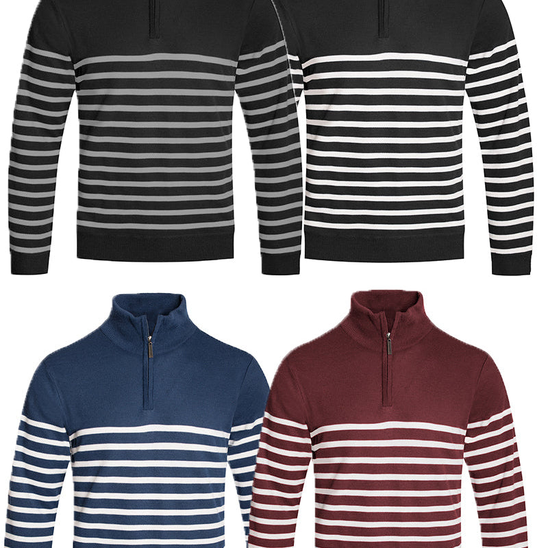 Men’s Striped Half-Zip Pullover in Black, Blue, Burgundy, and Gray