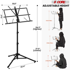 5Core Music Stand For Sheet Music Portable Tripod Adjustable Folding