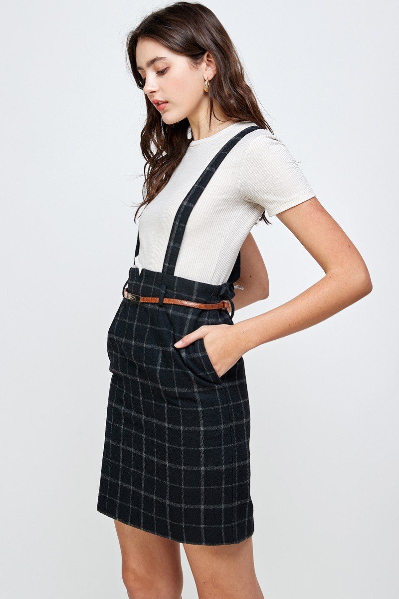 Plaid Suspender Skirt Belted