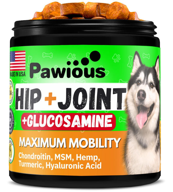 Suplementos Pawious para cadera y articulaciones + glucosamina para perros, 120 unidades.