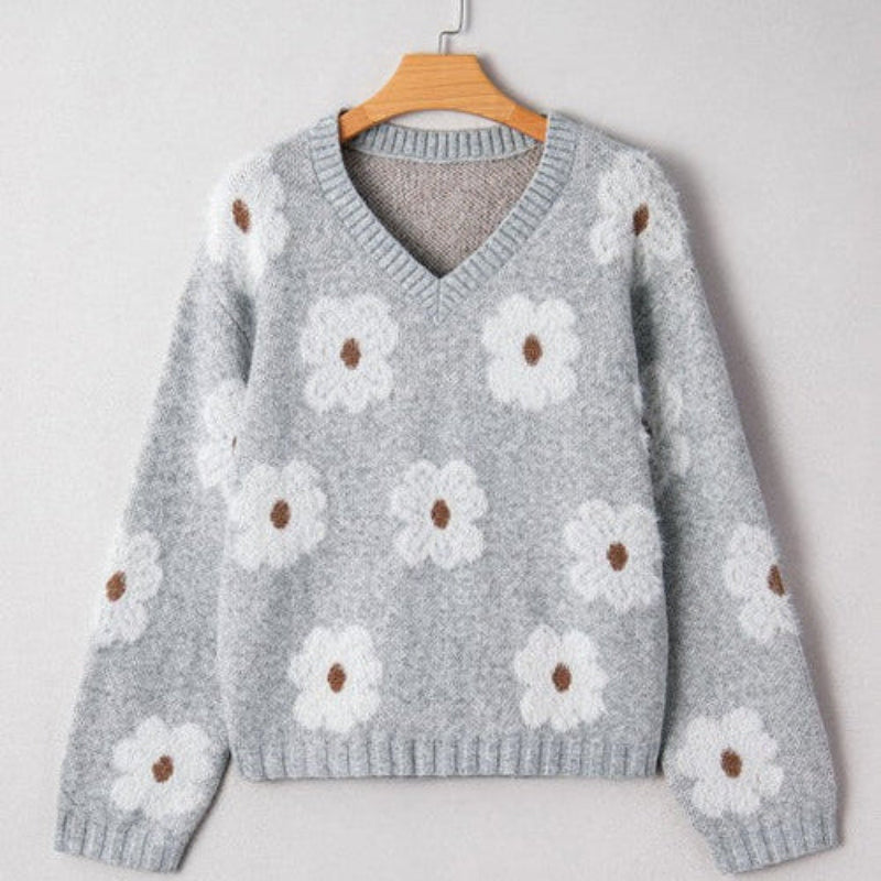 Grey Floral Knit Crewneck Sweater