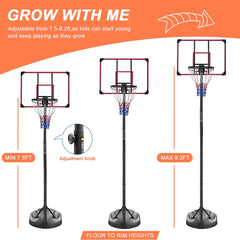 Sistema de aro de baloncesto portátil con soporte de altura ajustable de 7,5 a 9,2 pies