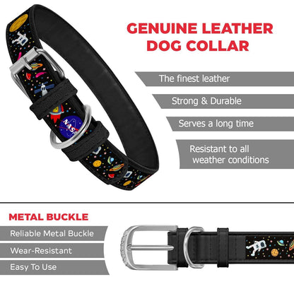 Leather Dog Collar with NASA Design for Medium Dogs