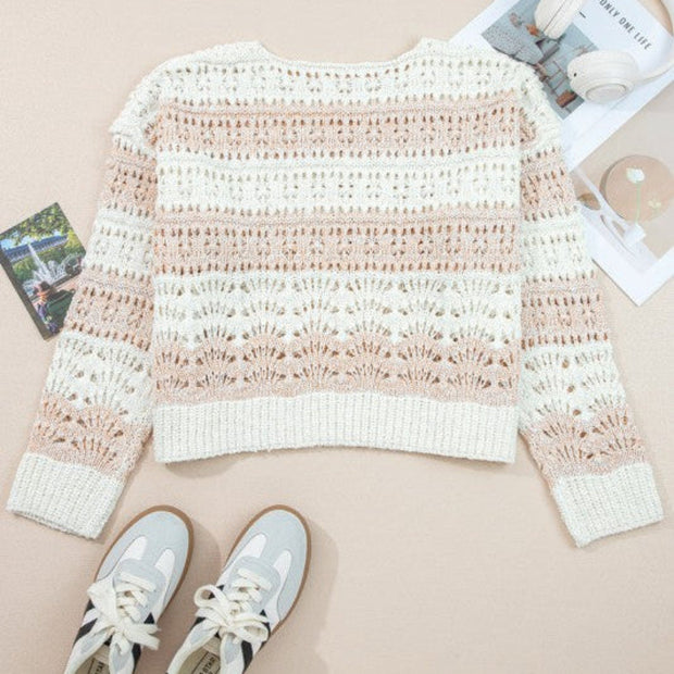 Striped Open-Knit Sweater for Women