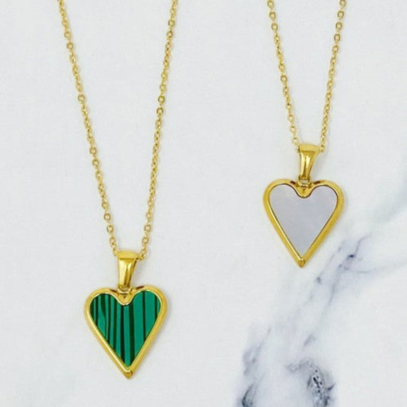 Gold Heart Pendant Necklace – Open & Green Inlay Design