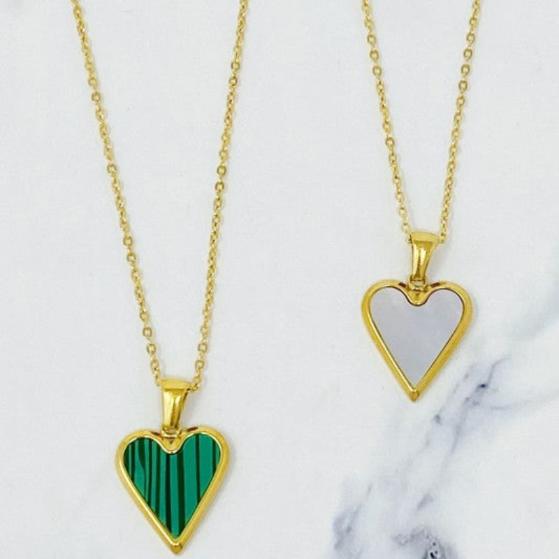 Gold Heart Pendant Necklace – Open & Green Inlay Design