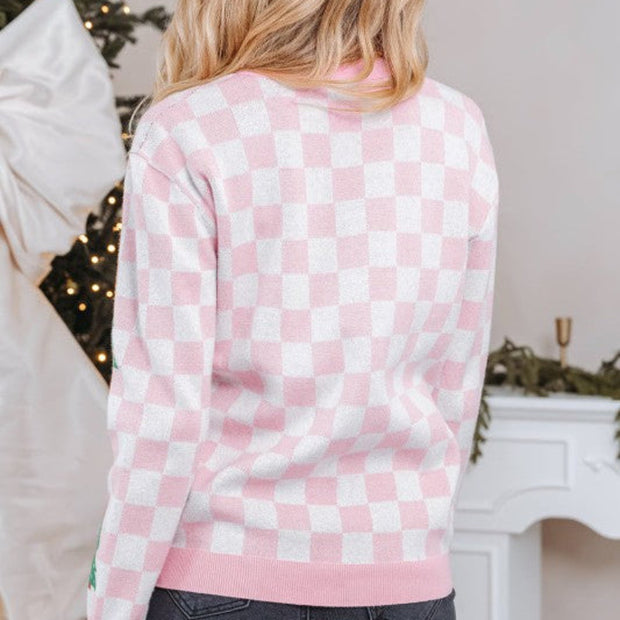 Women’s Pink Checkered Christmas Tree Knit Cardigan