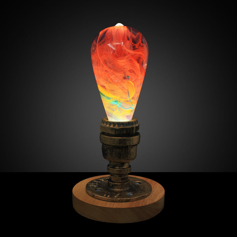 LED Light Bulb Lamp with Wooden Base - Unique Decorative Lighting (Flame Design)