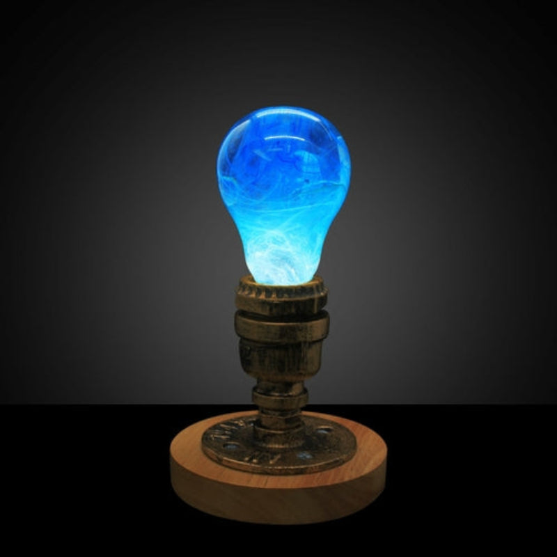 Blue Swirl Glass Decorative Light Bulb with Wooden and Metal Base