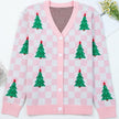 Women’s Pink Checkered Christmas Tree Knit Cardigan