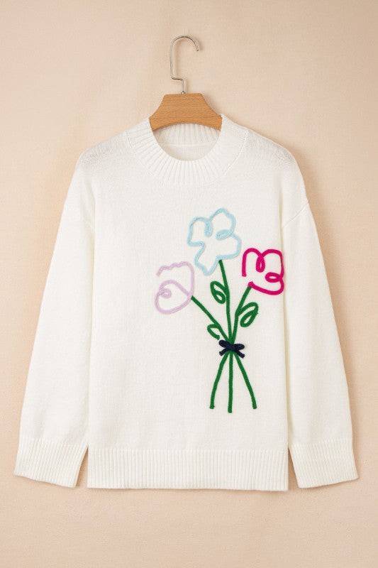 Women’s Cream Knit Sweater with Embroidered Floral Bouquet