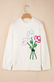 Women’s Cream Knit Sweater with Embroidered Floral Bouquet