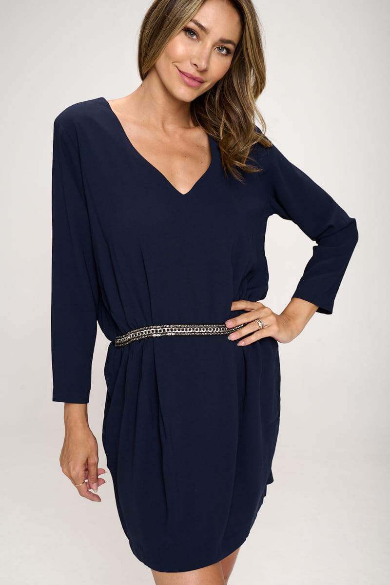 V-Neck Belted Dress