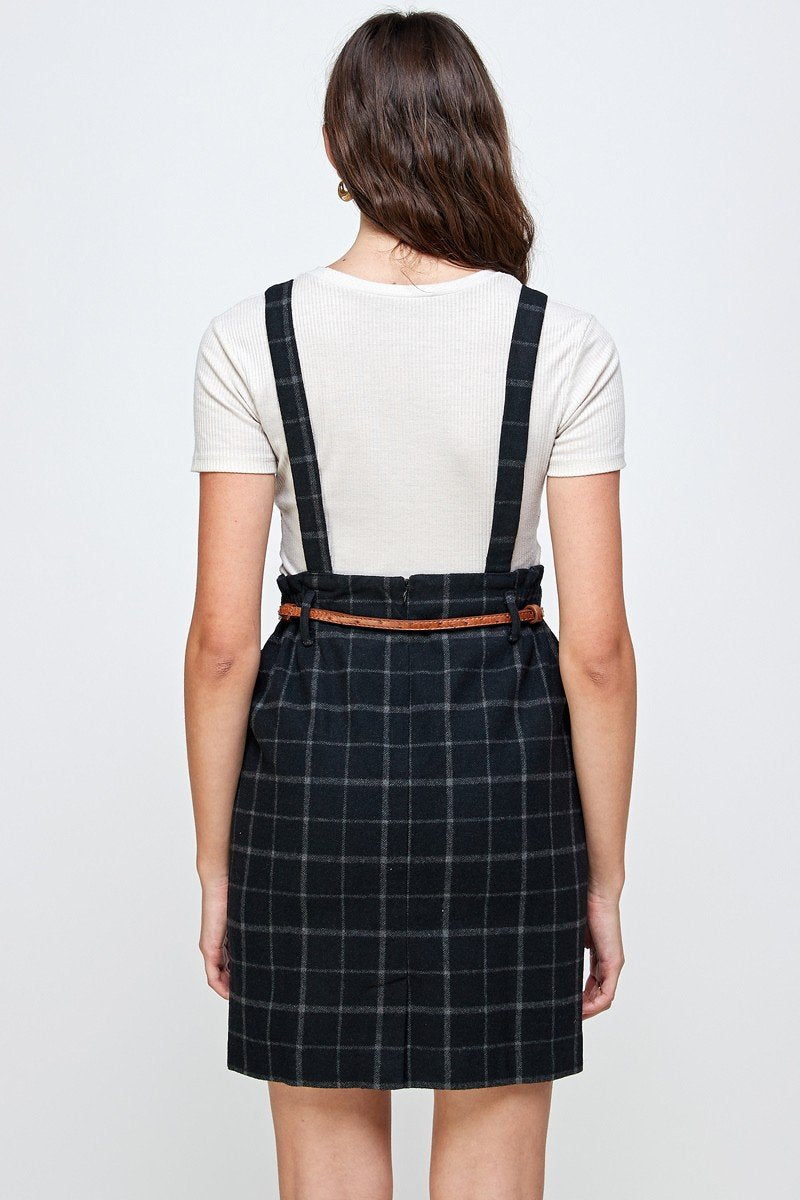 Plaid Suspender Skirt Belted