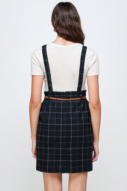 Plaid Suspender Skirt Belted