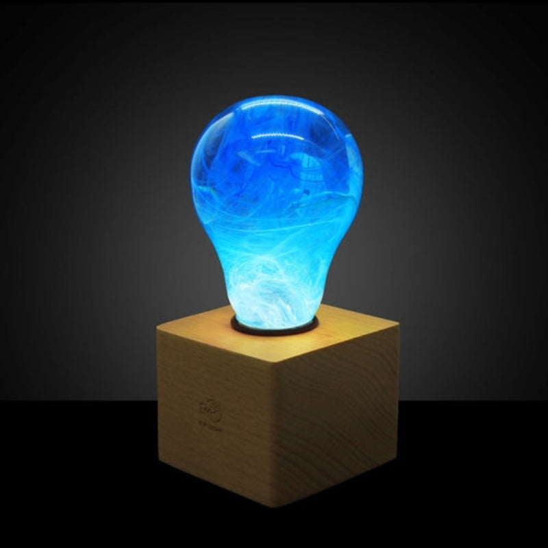 Blue Swirl Glass Decorative Light Bulb with Wooden and Metal Base