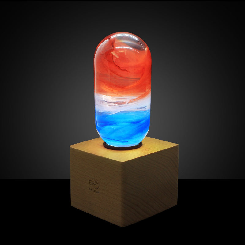 C.P.LIGHT Red Blue Glass Accent Lamp with Wooden Cube Base