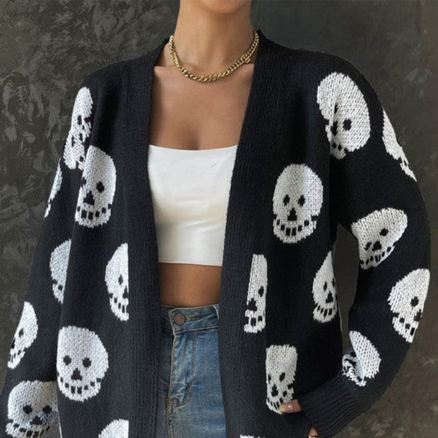 Skull Print Open-Front Knit Cardigan – Black & White