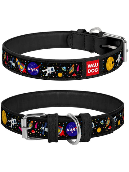 Leather Dog Collar with NASA Design for Medium Dogs