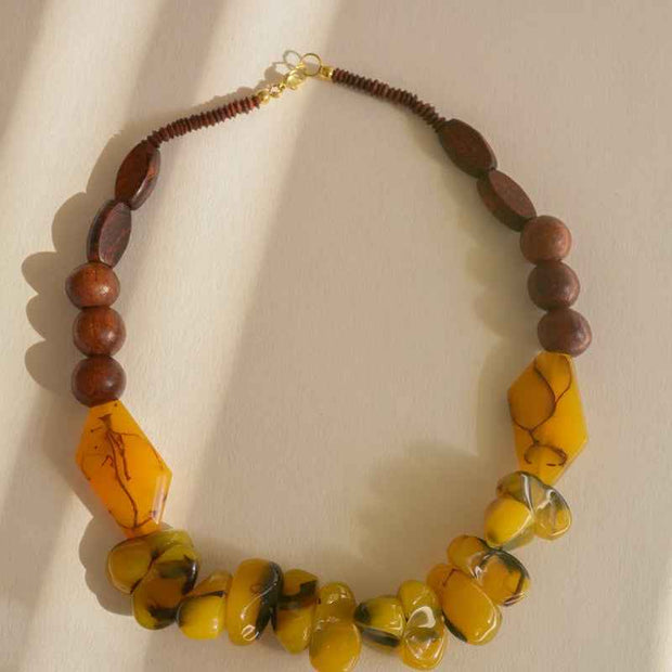 Yellow Stone Beaded Necklace Brown Beads Statement Jewelry