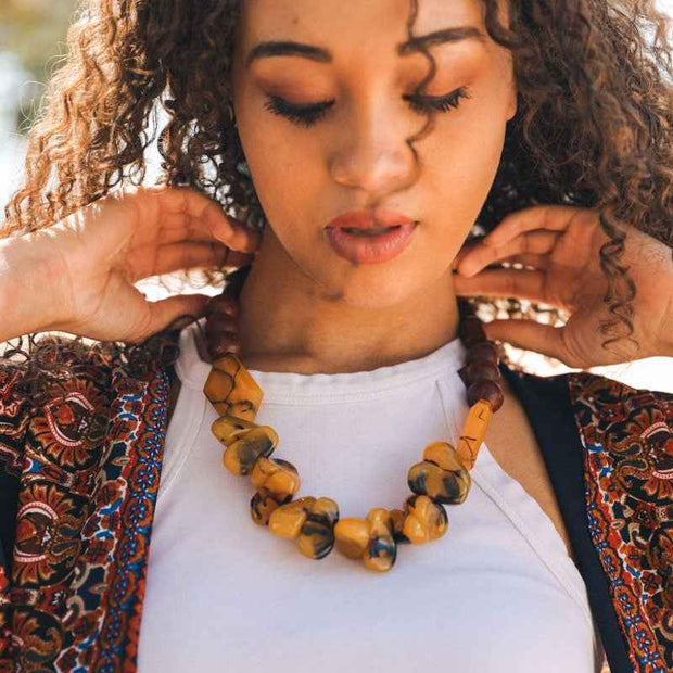 Yellow Stone Beaded Necklace Brown Beads Statement Jewelry