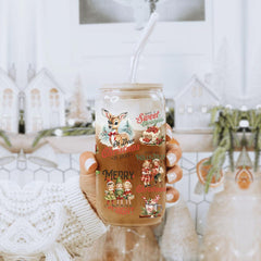 Vintage Christmas Glass Tumbler With lid & Straws