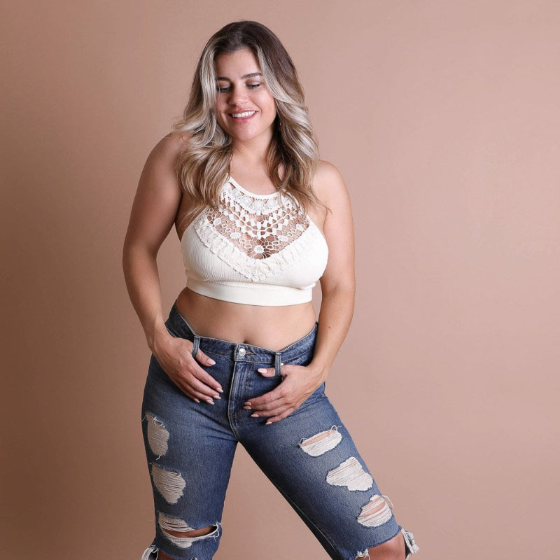 Women Crochet Lace Halter Neck Crop Top – Sleeveless Boho Bralette